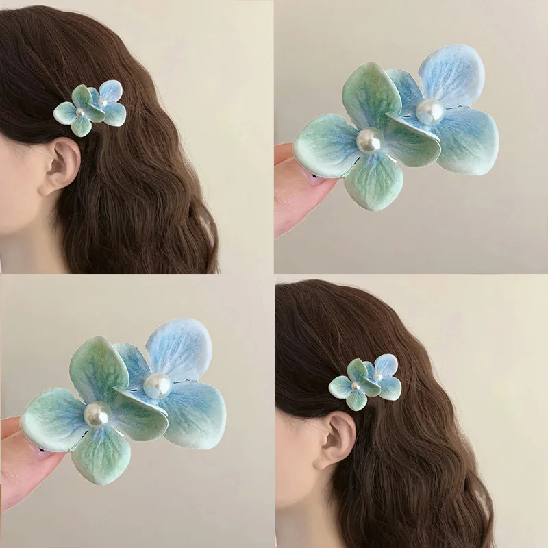 

Cute Green Blue Flower Pearl Ear Clips for Women Korean Fashion Side Bangs Barrette Styling Hairpins Girls Kpop Hair Accessories