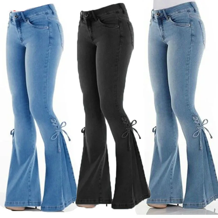 Calça jeans de comprimento total feminina, jeans lavado, ajuste solto, bolsos de mosca, cintura alta, básico, com renda para cima, vintage, sólido, mosca