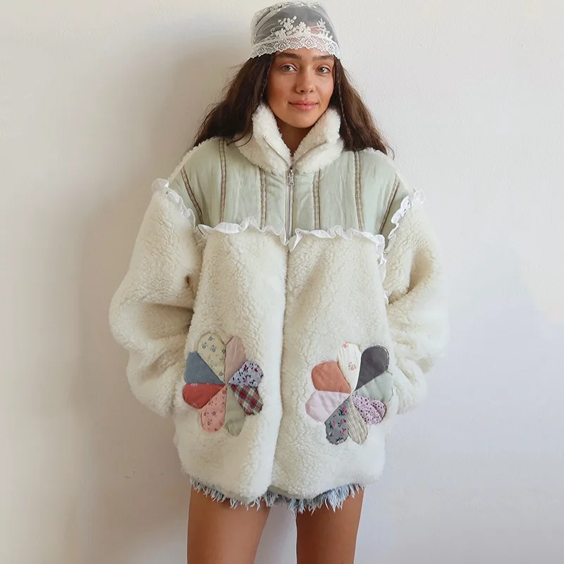 

2026 Winter New Color Block Patchwork Rabbit Ear Trim Faux Fur Long Sleeve Women Loose Fashion Desin Coat