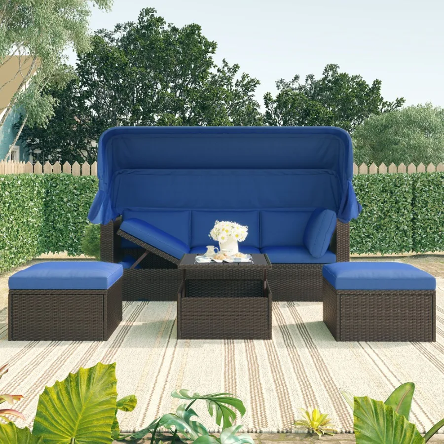 

Outdoor Patio Rectangle Daybed with Retractable Canopy Wicker Furniture Sectional Seating with Washable Cushions Backyard Porch