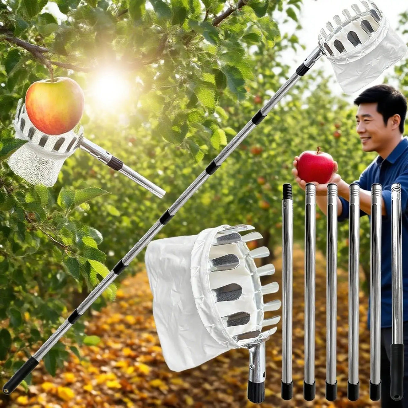 Fruit Picker Machine Stainless Steel Splicing Rod Fruit Picking Tools Pick Apple Pear Lemon and Avocado for Farm Orchard Tools