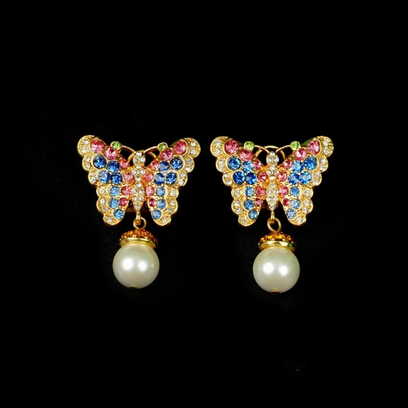 

Vintage Medium-old Earrings, Colorful Zircon Inlaid with Pearl Pendant Butterfly Earrings Elegant Fashionable Versatile Earrings
