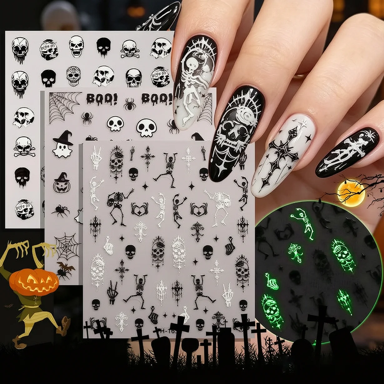 2026 New 5pcs/set 3D Fluorescent Halloween Nail Stickers Dark Skull Pumpkin Head Spider Web Y2K Manicure Decoration Accessories