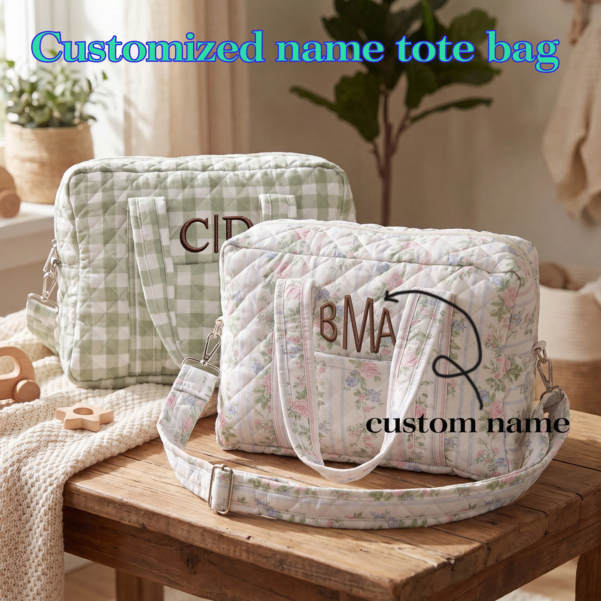 1 PC Custom Name Embroidered Diaper Bag, Quilted Floral Mommy Tote Bag, Large Capacity Multi Pocket Baby Travel Bag