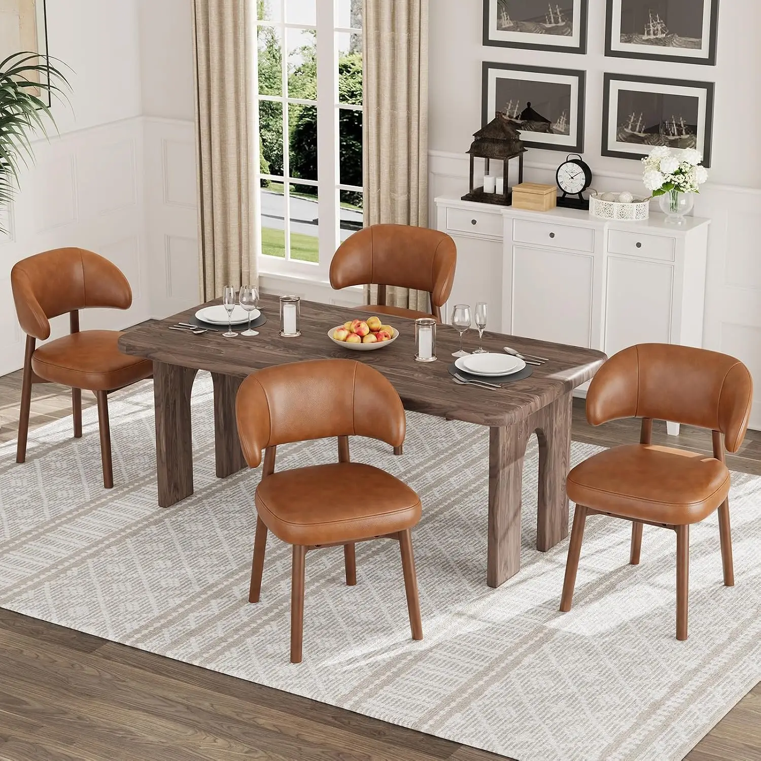 Wooden Dining Chairs Set of 4, Modern Upholstered Dining Room Kitchen Side Chairs with Curved Open Back for Living Room/Restaurant/Cafe, Brown