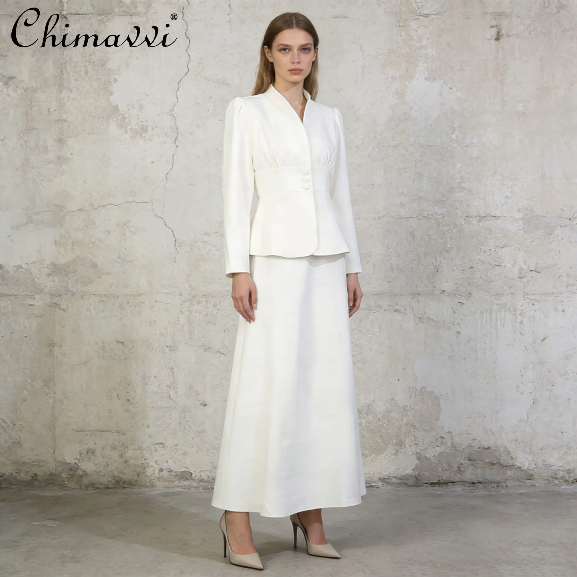 

2026 Spring French Elegant Fashion Commuter Suit V-neck Long Sleeve Blazer High Waist A-line Long Skirt Two-piece Set for Women