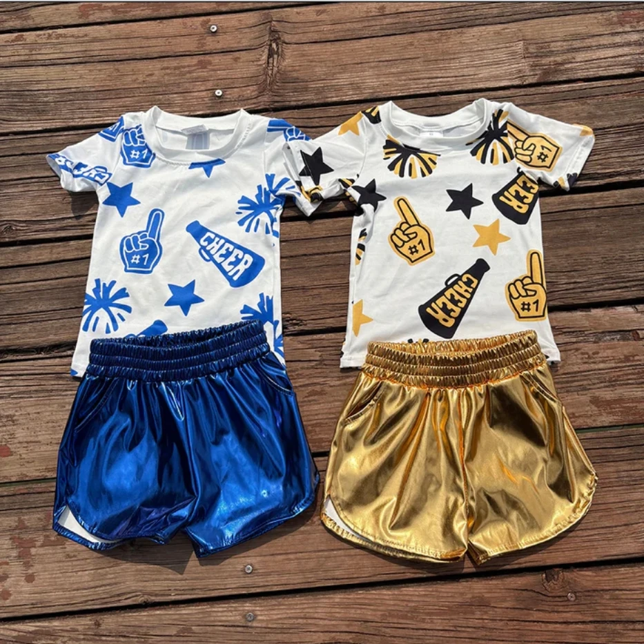 

Boutique Baby Girls Clothes Blue Short Sleeve Tops Leather Shorts Sets Fashion Kids Children Clothing Wholesale Girls Outfits