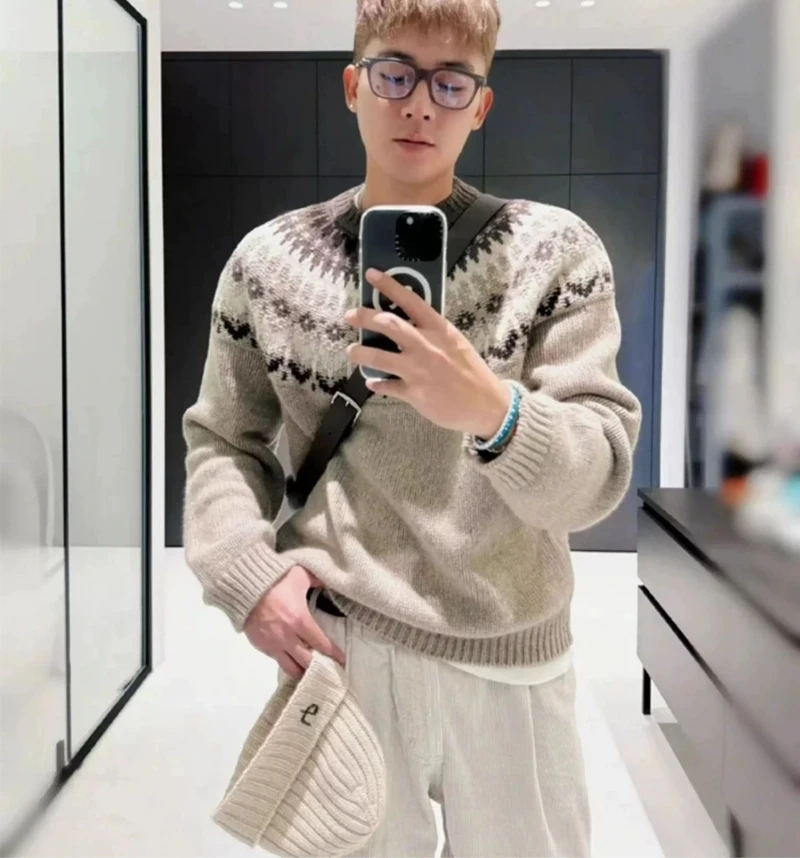 Trendy Men's 100% Pure Cashmere Pullover High Quality Jacquard Knit Sweater Loose Round Neck Tops Thick Streetwear Pull Jumper