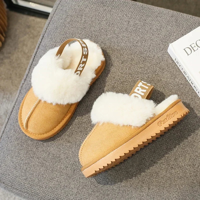 Elastic Band Fur Slippers Kid Girl Brand Design Winter Plush Sandals Luxury Slip-on Platform Mule Slide Child Warm Home Shoes