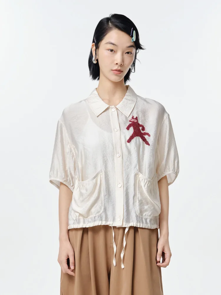 

MOVEUP Short Sleeved Round Neck Shirt 2026 Summer Turn-Down Collar Patch Pocket Fun Embroidered Loose Top For Women 125220420