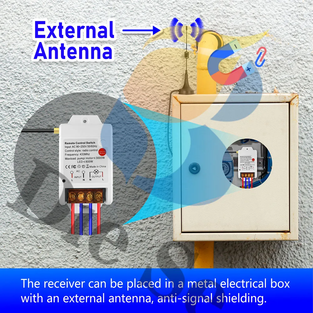 433Mhz Rf Remote Control Switch 30A High Power AC 110V 220V Relay Receiver with 3m External Antenna on Off Transmitter for Pump