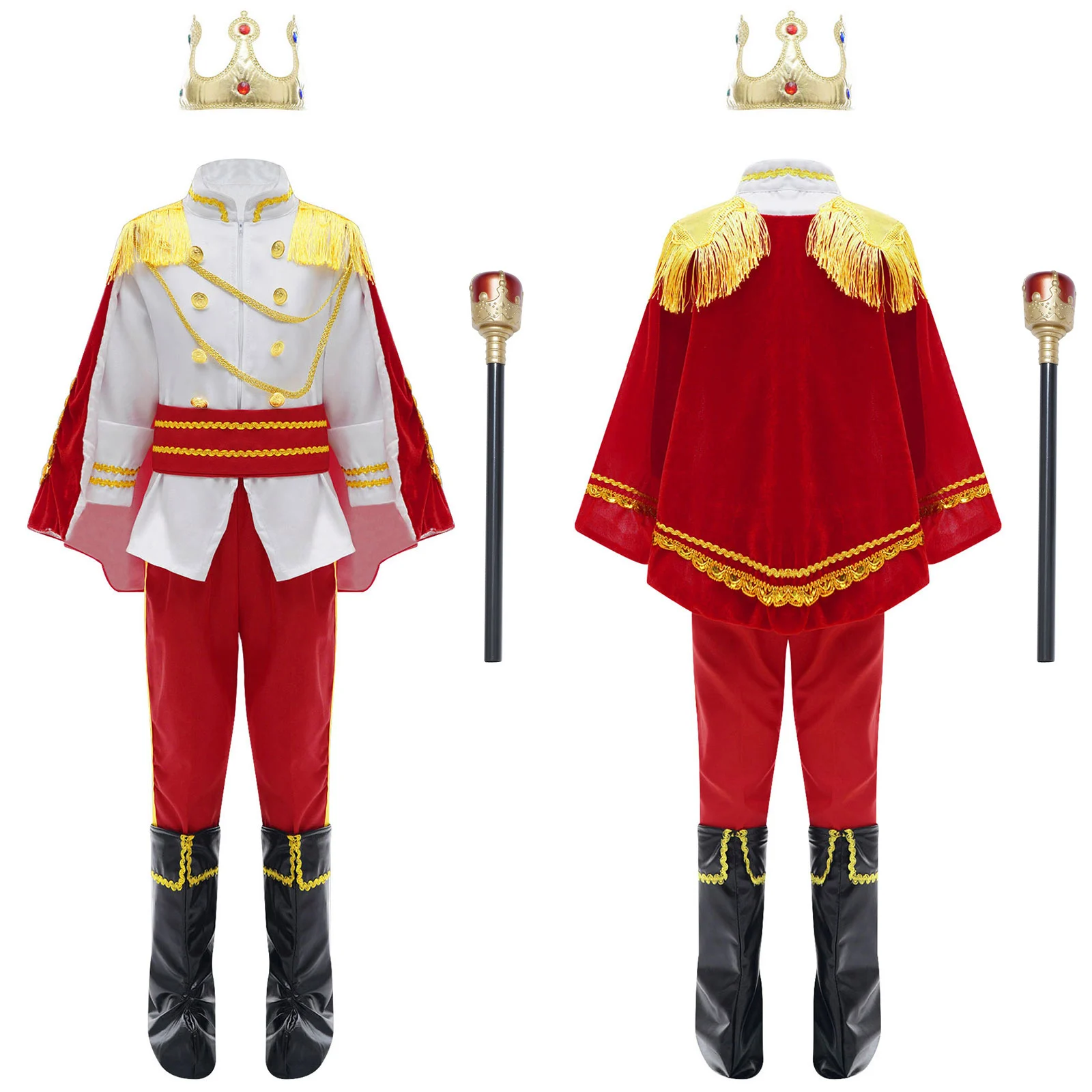 

Kids Boys Prince King Cosplay Costumes for Halloween Carnival Party Dress Up Crown Scepter Jacket Pants Cape Shoes Covers Suit