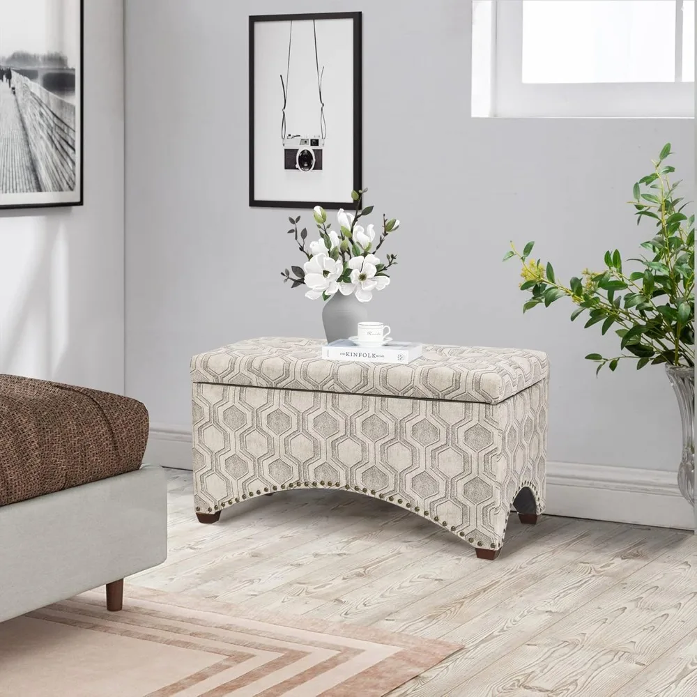 

29" Rectangle Tufted Storage Ottoman Bench, Fabric Foot Rest Stool with Nailhead Trim, Hexagon