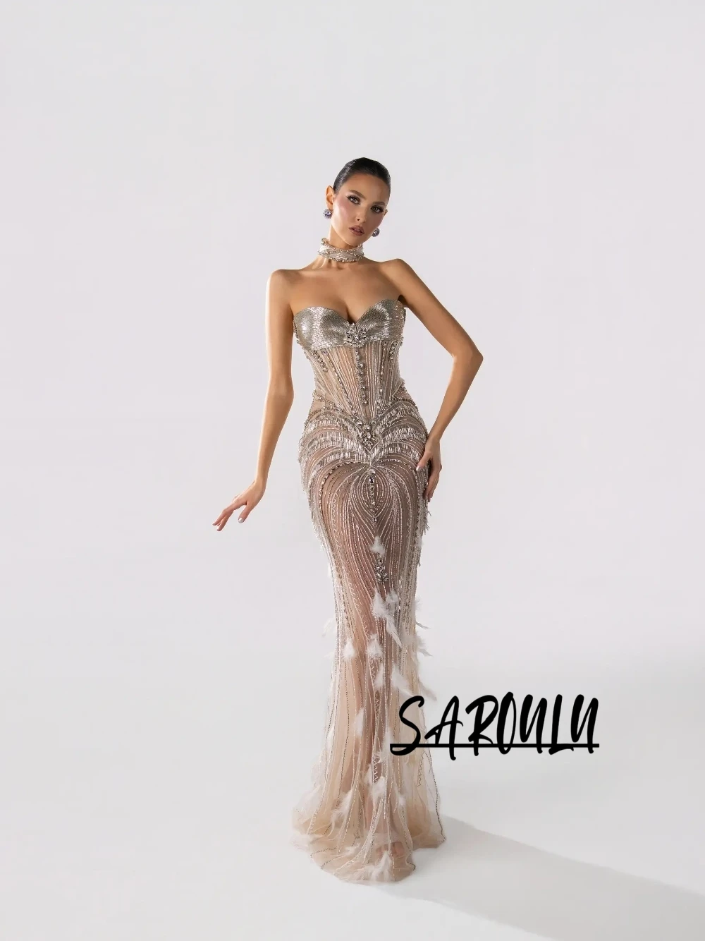 

Charming Beaded Feathered Prom Dress Celebrity See through Mermaid Evening Gown Luxurious Sweetheart Neck Pageant Customized