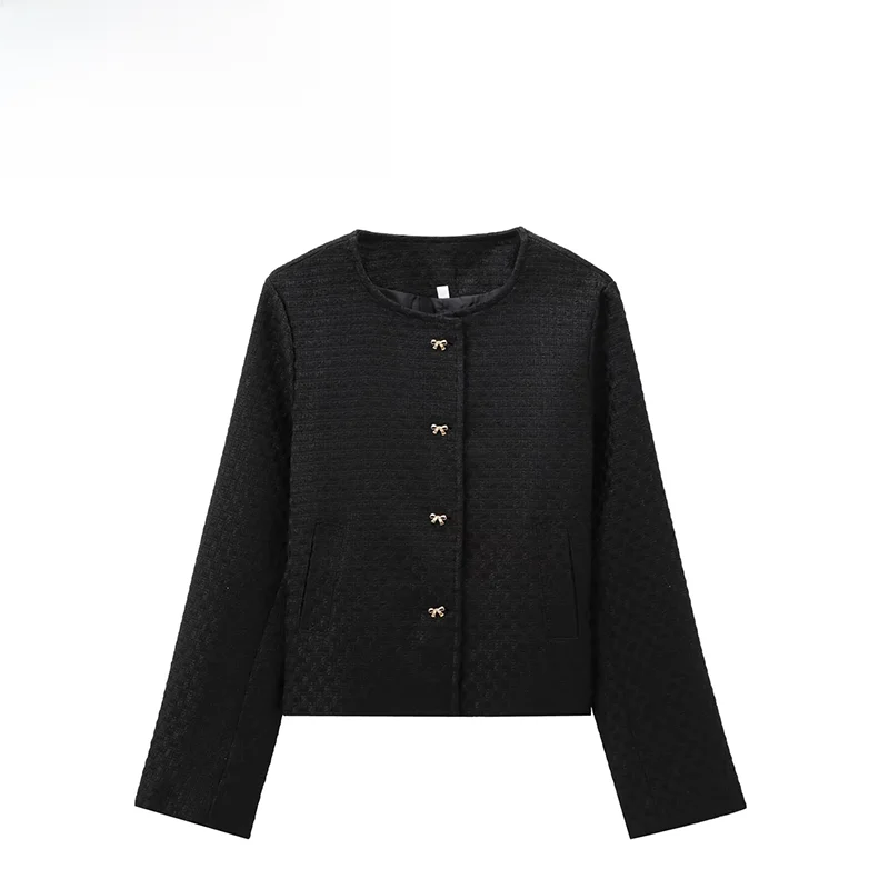 

ZAB Autumn New Women's Faion Design Knot Button Texture Coat round Ne ort Outerwear Polyester Fiber