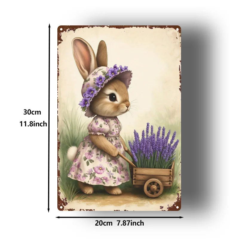 2D Flat, 1pc, Metal Sign, Cute Rabbit Tin Painting Pulling a Cart with Lavender, Decorative Hanging Ornament, Vintage Creative G