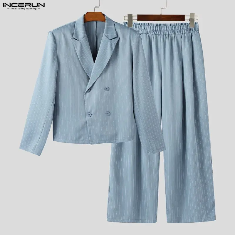 

INCERUN мужские полосатые комплекты двубортный пиджак с длинными рукавами и брюки комплекты из двух предметов уличная одежда элегантные модные мужские повседневные костюмы