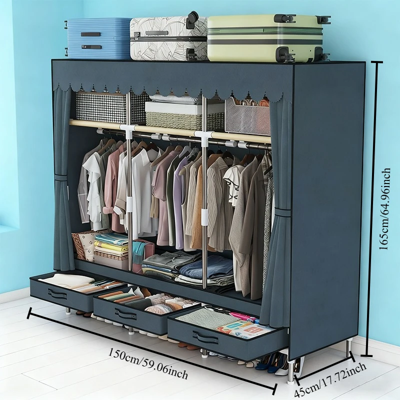 

Portable Clothes Organizer for Small Spaces - Sturdy 16mm metal Frame, 3 Cubes + 3 Hanging Areas + 3 Drawers, Dust-Proof Closet