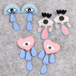 Cute Pink Acrylic Love Heart Eye Teardrop Long Drop Earrings for Women Statement Evil Eyes Pendant Earring Fashion Jewelry Gifts