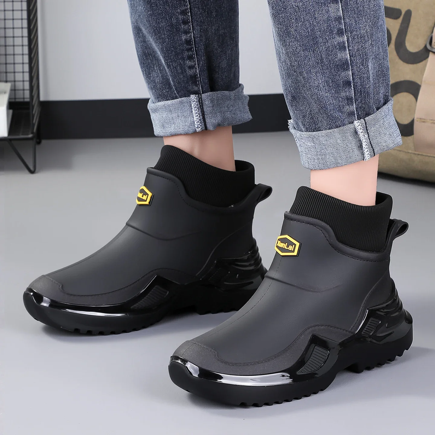 Men Women Winter Waterproof Rain Boots Fleece Warm Snow Sock Cuff Anti Slip Ankle Boots Outdoor Work Garden Shoes Size 36-46