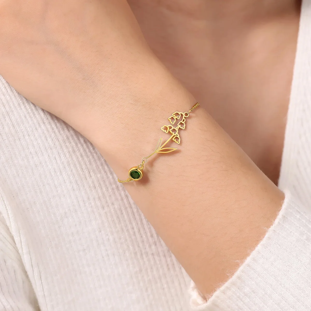 Custom Birth Flower Bracelet With Birthstone Stainless Steel Personalized Flower Birthstone Bracelets Jewelry Gift for Mom Her