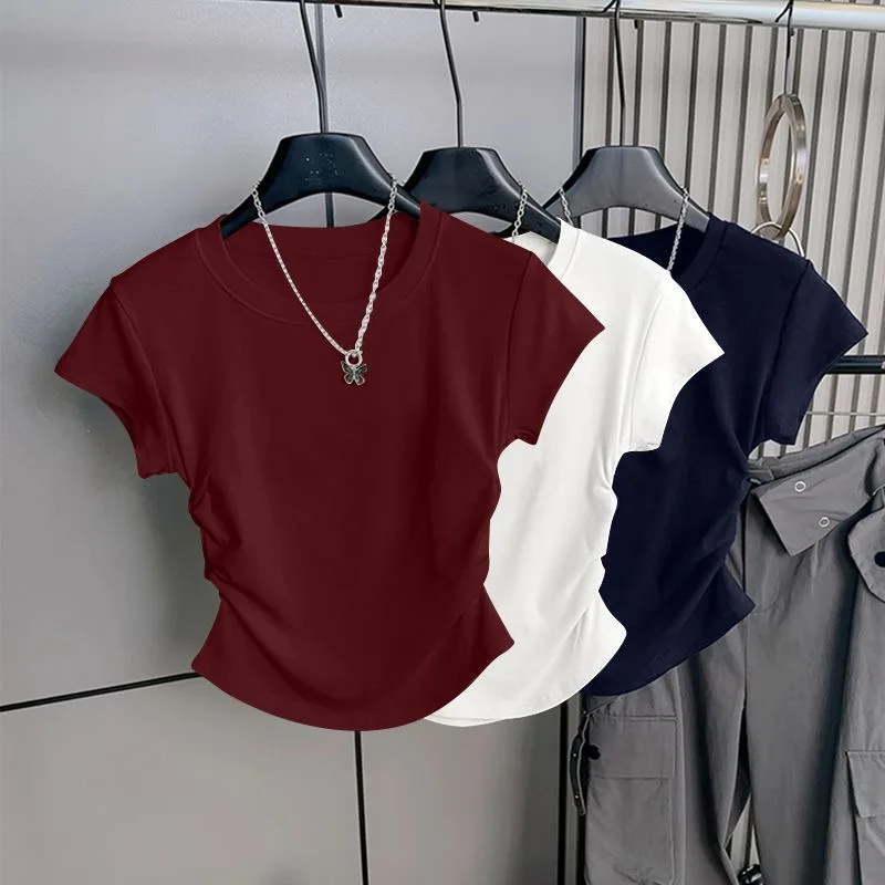 Summer Slim Fit Top for Women Casual Threaded Waist Cinched U-Shaped Hem Short Sleeve Irregular Hemline Women's Clothing