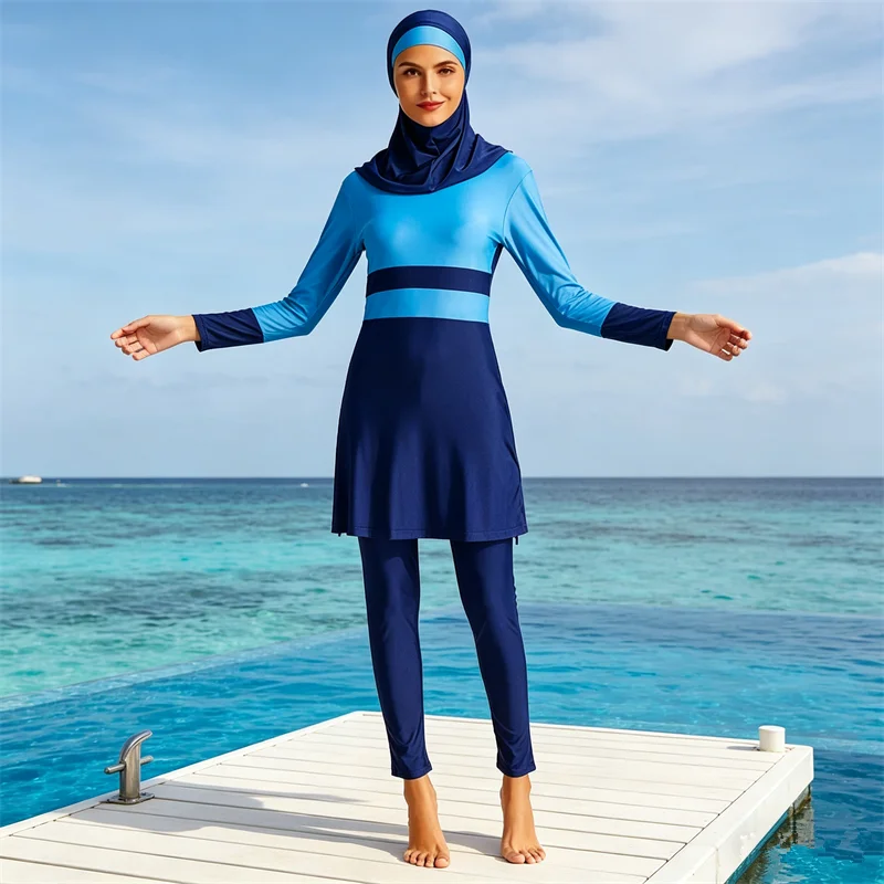 

Muslim Burkini Swimwear Set Color Block Modest Swimsuit with Hijab Full Cover Elastic Beachwear Femme Musulmane Maillot De Bain