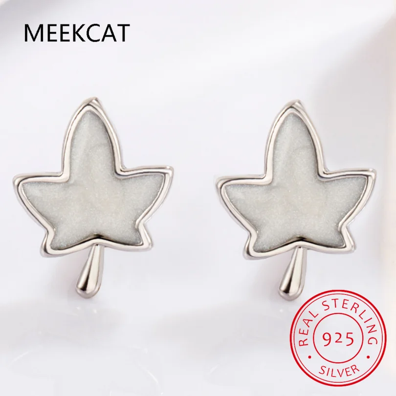Real 925 Sterling Silver Sweet Maple Leaves Stud Earrings for Women Wedding Birthday Present Jewelry DA3210