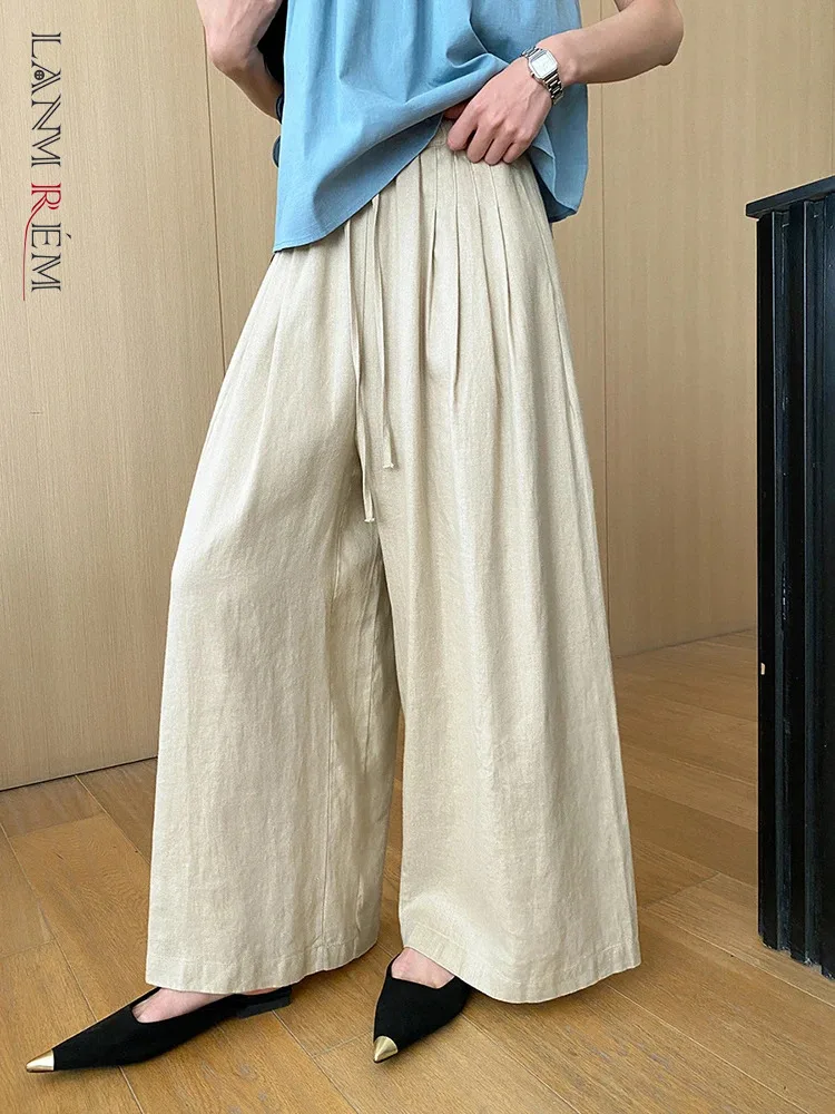 

[LANMREM] Fashion Linen Sunscreen Pants For Women High Waist Wide Leg Trousers Drawstring Loose Pant 2024 Summer New 26D9401