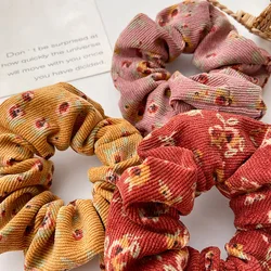 Vintage Corduroy Plaid Floral Printed Hair Ties Scrunchies Women Sweet Flowers Elastic Hair Bands Simple Stripe Hair Accessories