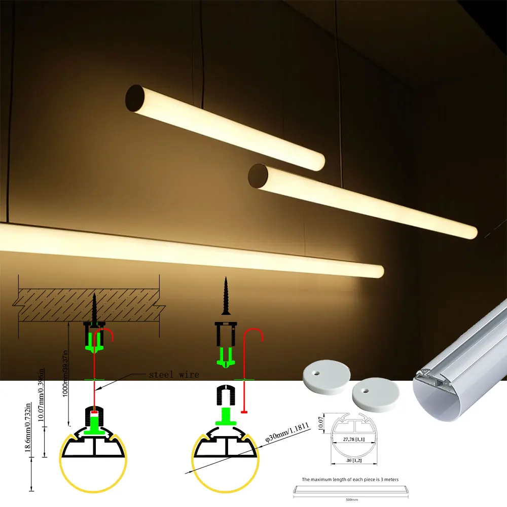 (1 szt.) 0.5m okrągły profil aluminiowy led o średnicy 30mm z matowym pokryciem na wiszące oświetlenie led w kuchni pomieszczenie biurowe pokoju