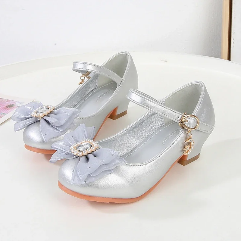 Girls' High Heels 2024 Autumn New Children's Mary Jane Shoes Fashion Bow Crystal Baby Kids Princess Leather Shoes