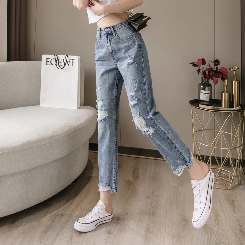 Calça feminina com cintura alta, calça jeans folgada casual, buraco rasgado, moda coreana solta, nova, primavera, 2022