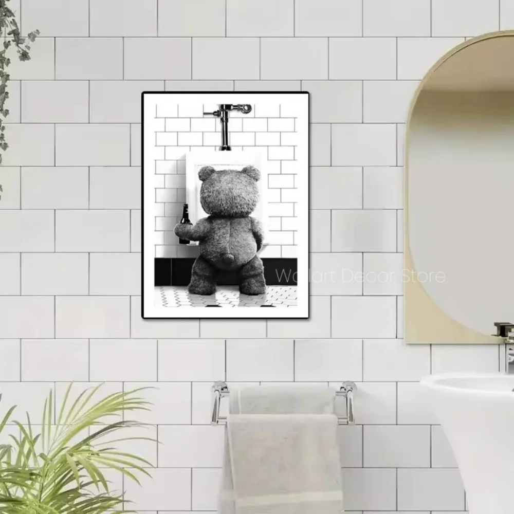 

Black and White Cute Bear Pee Poster for Bathroom Decor Canvas Print Painting Wall Art Picture Toilet Room Home Decoration