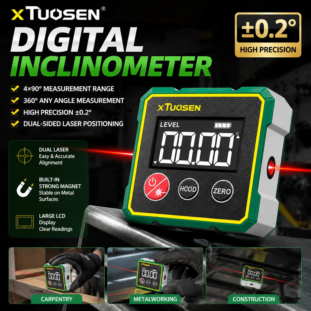 Digital Laser Angle Finder Electronic Inclinometer Level Meter 360° Measuring Tool Dual Laser Level for DIY Woodworking