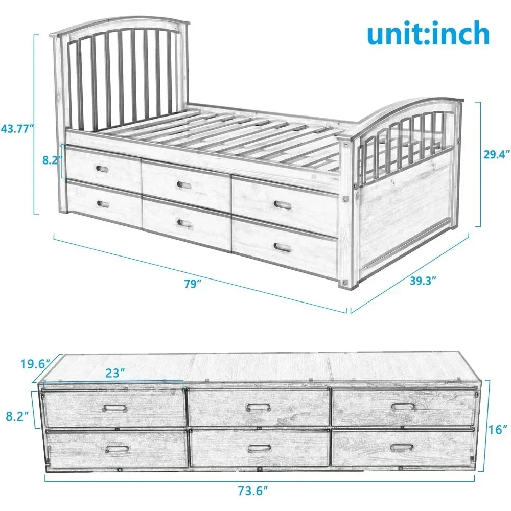 Kinder bett rahmen, Twin Size Platform Storage Massivholz mit 6 Schubladen, Kinder bett rahmen