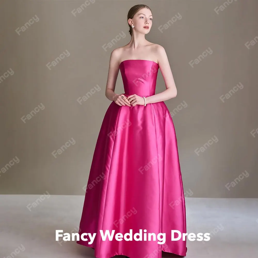 

Fancy Elegant Strapless A Line Evening Dress Korea Photo Shoot Sleeveless Satin Floor Length Prom Gown Back Bow Custom Made