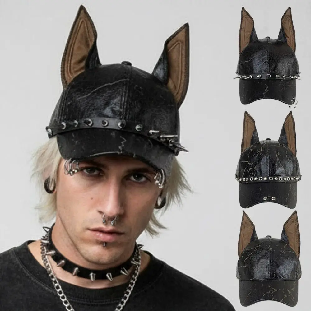 

Vintage Punk Doberman Dog Ears Baseball Caps Adjustable PU Leather Rivet Hats y2k Spice Girl Sunscreen Hats For Man Women