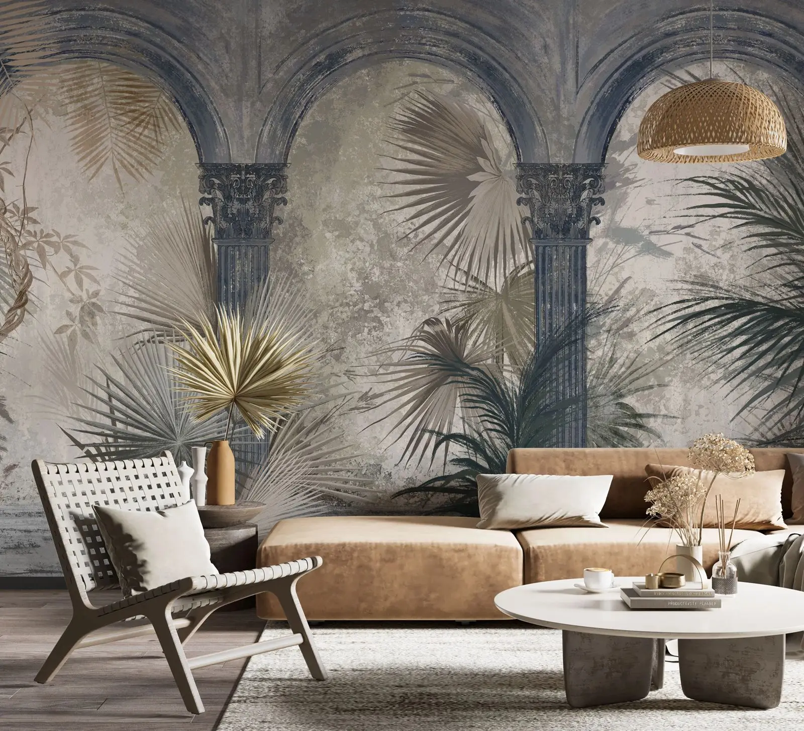 خلفية النباتات الاستوائية الغريبة ، أعمدة القوس التاريخية العتيقة العتيقة جدار جدارية ، التقليد الاستوائي التجريدي غير المنسوجة ورقة #1