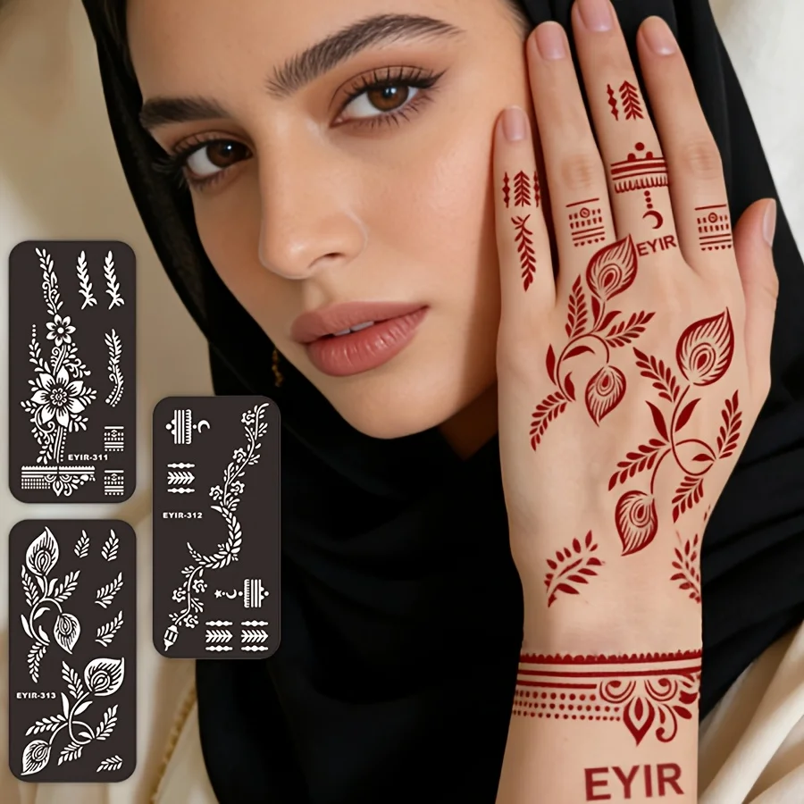 Henna Tattoo Kit 5 Sets Mandala Stencils with Wine Red Tattoo Paste Temporary Body Art DIY Reusable Templates Mehndi view 2
