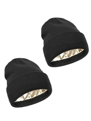 2Pcs Unisex Satin Lined Beanies Hat for Women&Men Winter 2Layer Ear Protect Warm Hiking Cycling Ski Cap Slouchy Cuffed Balaclava