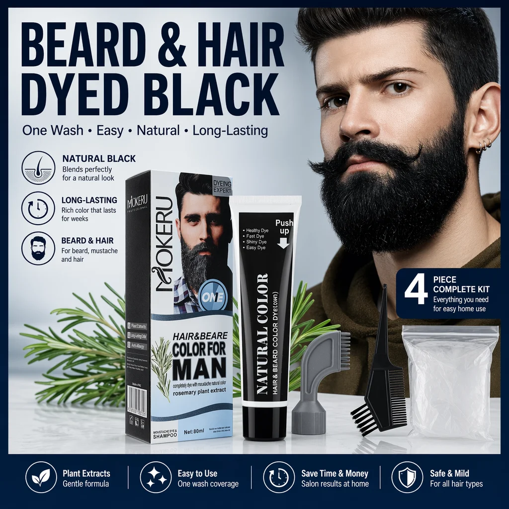 Black Hair Dye Shampoo, 2 in 1 Beard and Hair Coloring Cream with Rosemary Extract 80ml for Men Grooming