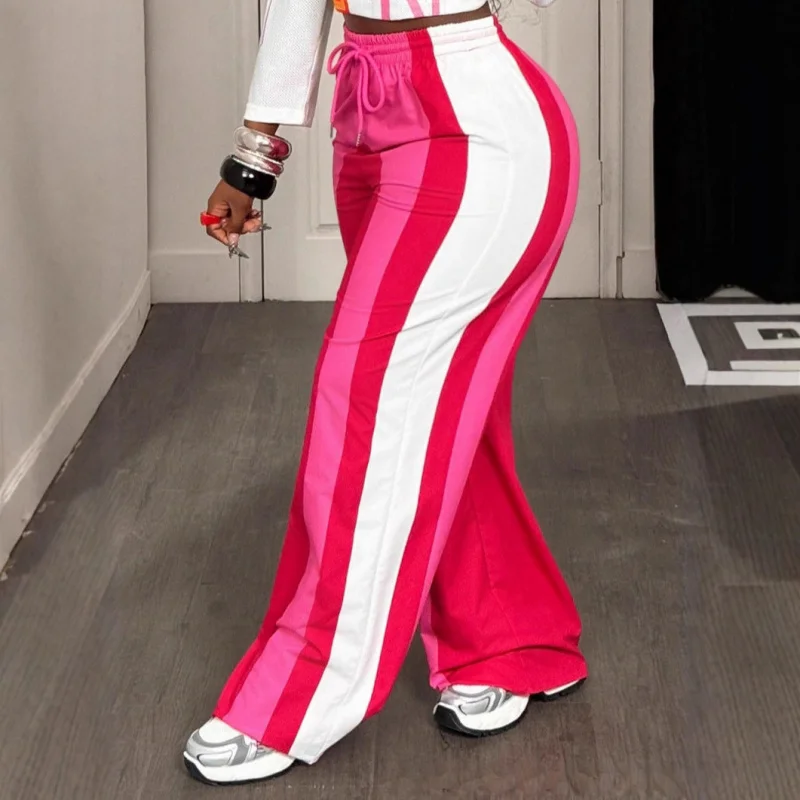 women's casual loose drawstring waist color-blocked pants Ladies Stripe Fashion Pant suitable for outdoor leisure wear