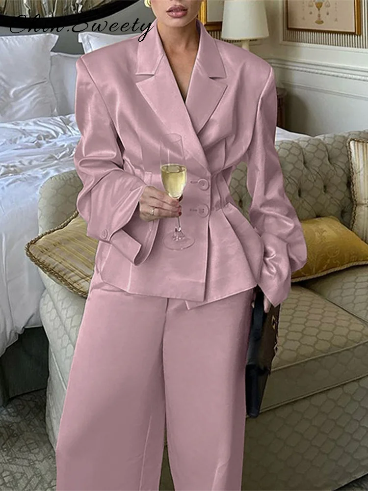 

Chic Satin Suit Blazer Trouser Sets Women Lapel Full Sleeve Shoulder Pads Double Buckle Tops Wide Leg Pant 2025 Autumn Lady Suit