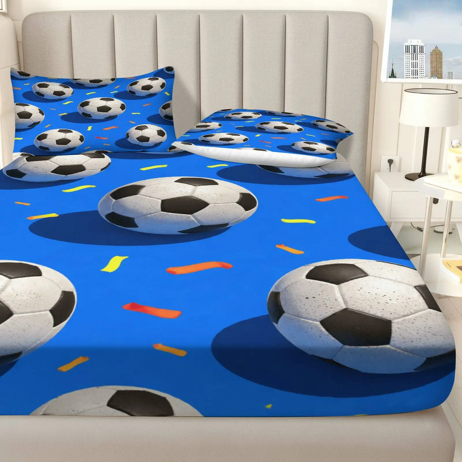 Three-piece fitted sheet set, digital print fitted sheet set (includes 1 fitted sheet + 2 pillowcases), football-themed fun fitted sheet set, large-capacity deep pocket 2D printed fitted sheet and 2 pillowcases, bedding mattress protector, fitted elastic style, protective cover, mattress protector, suitable for all seasons, machine washable design, holiday decoration, various sizes, breathable protective cover with pillowcases