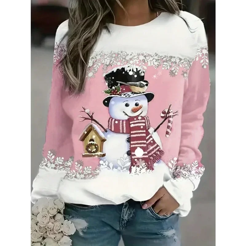 

Plus Size 1XL-5XL Women's Autumn Fashion New Item Long Sleeved Snowman Print Contrasting Color Comfortable T-shirt