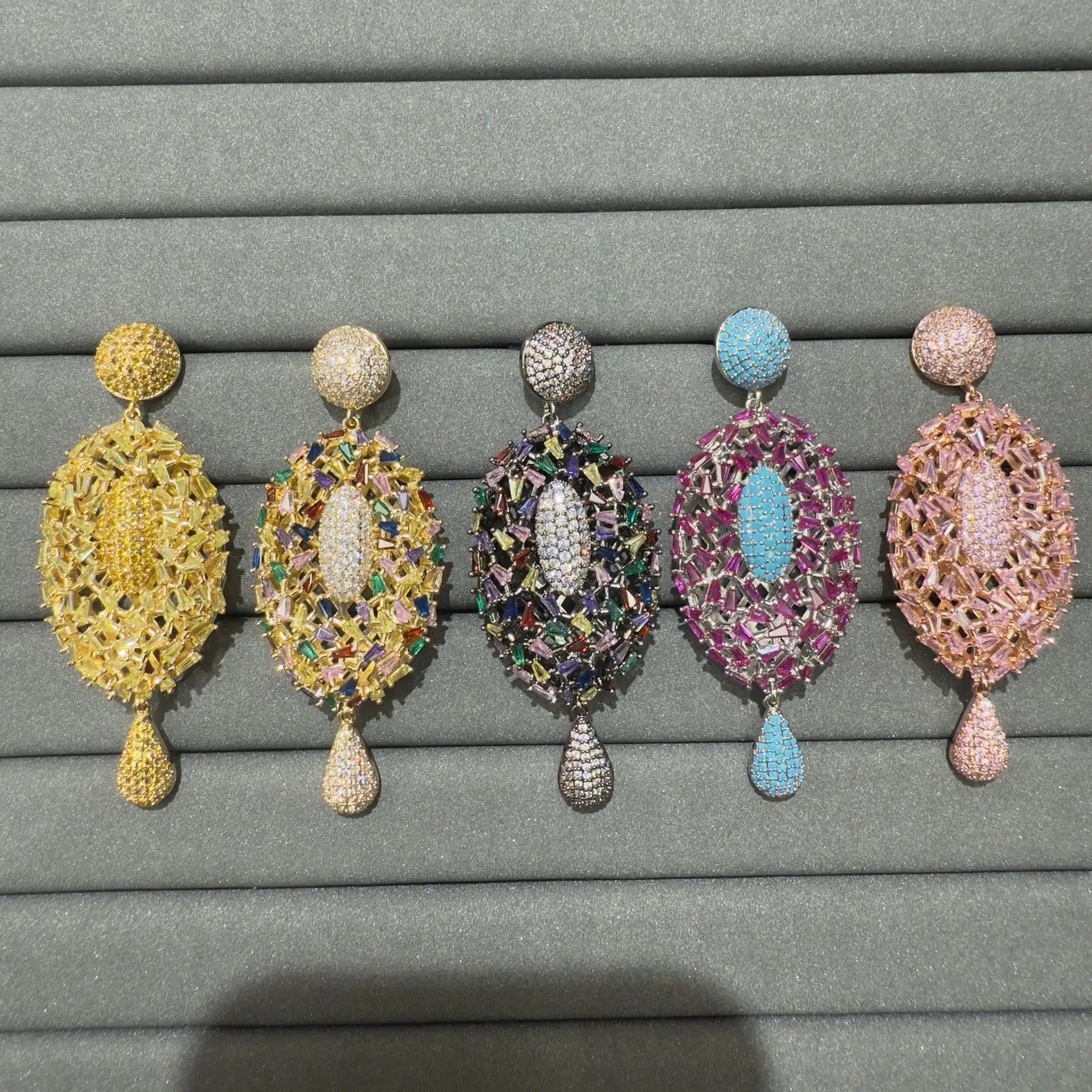 luxury exquisite cubic zirconia drop earrings for women gala event party statement dangle earrings yellow blue pink fushia oval