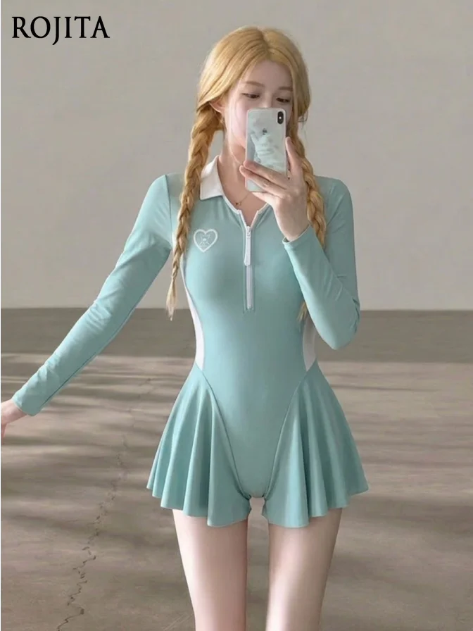 2026 Korean Sports Style Long-sleeved One-piece Swimsuit for Women with Skirt Beach One-piece Swimsuit Bathing Suit Women
