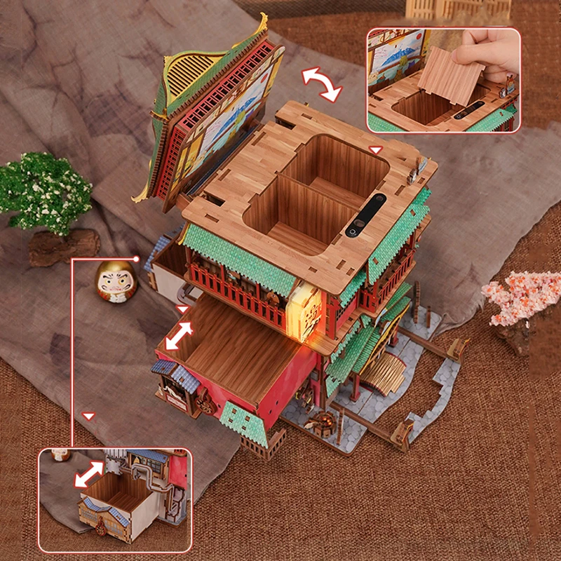 DIY 3D Houten Puzzel Japanse Hot Spring Huis Opbergdoos Cottage Miniatuur Model Kits Inductieve Casa Legpuzzels Geschenken