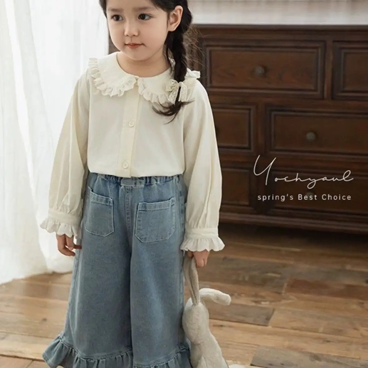 Girls Spring and Autumn Solid Jeans Wide Leg Lotus Leaf Lace Casual Pants Trendy New Girls Straight Leg Denim Pant